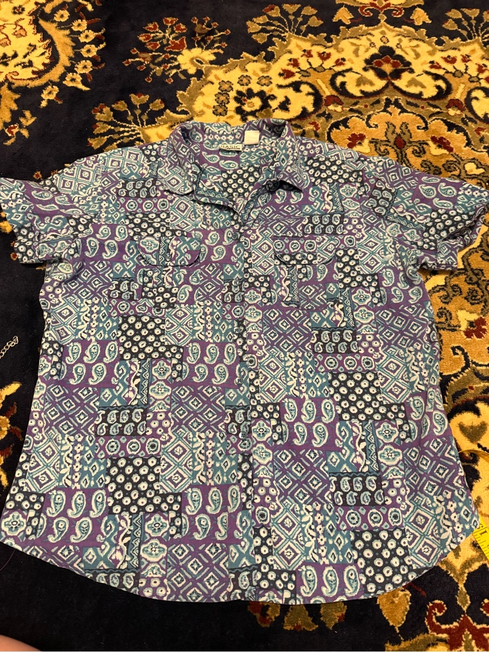 Retro Short Sleeve Paisley Patchwork Shirt - Purple/Teal